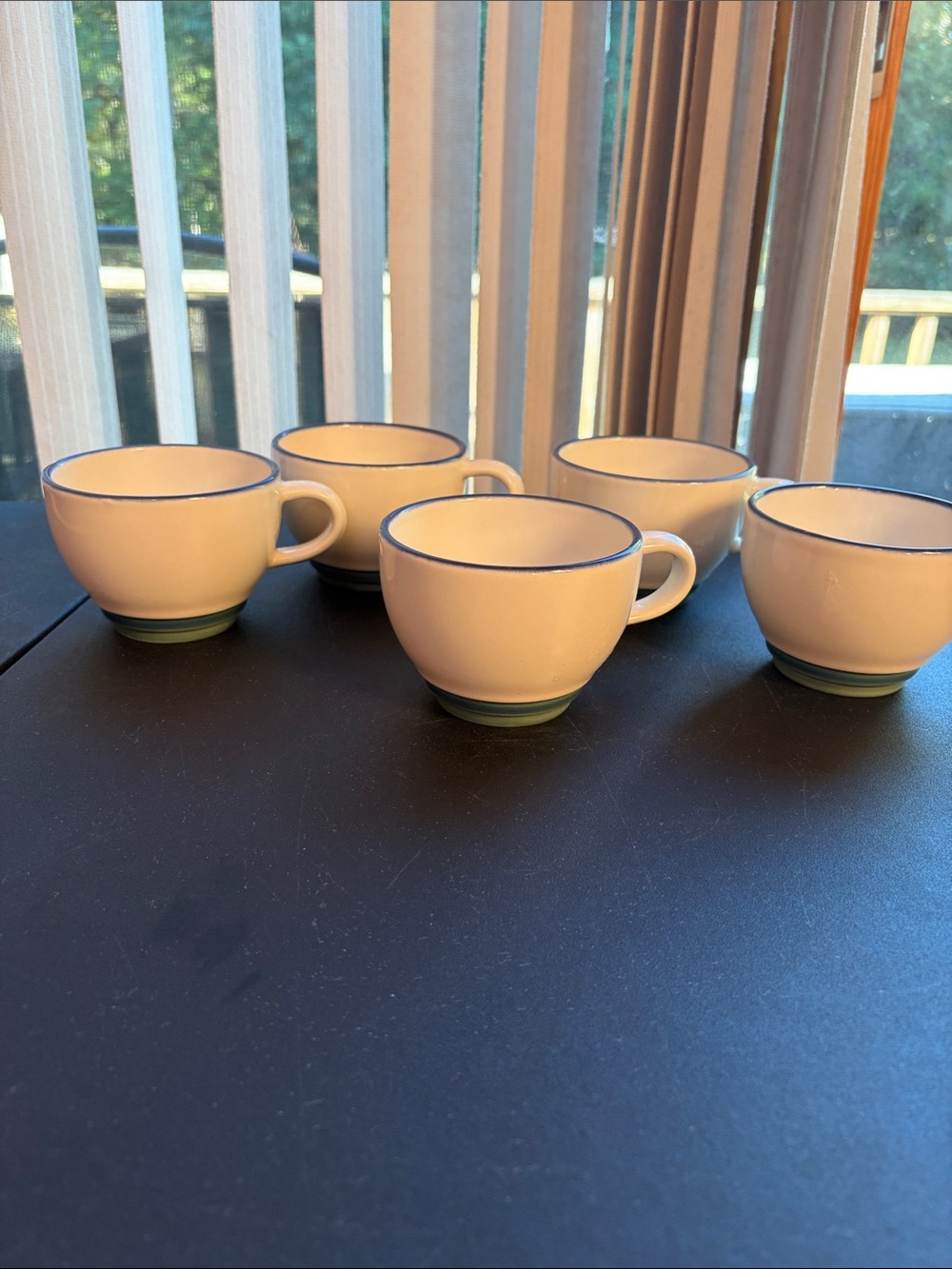 Pfaltzgraff White Mugs with Blue Rim and Green Base - Set of 5